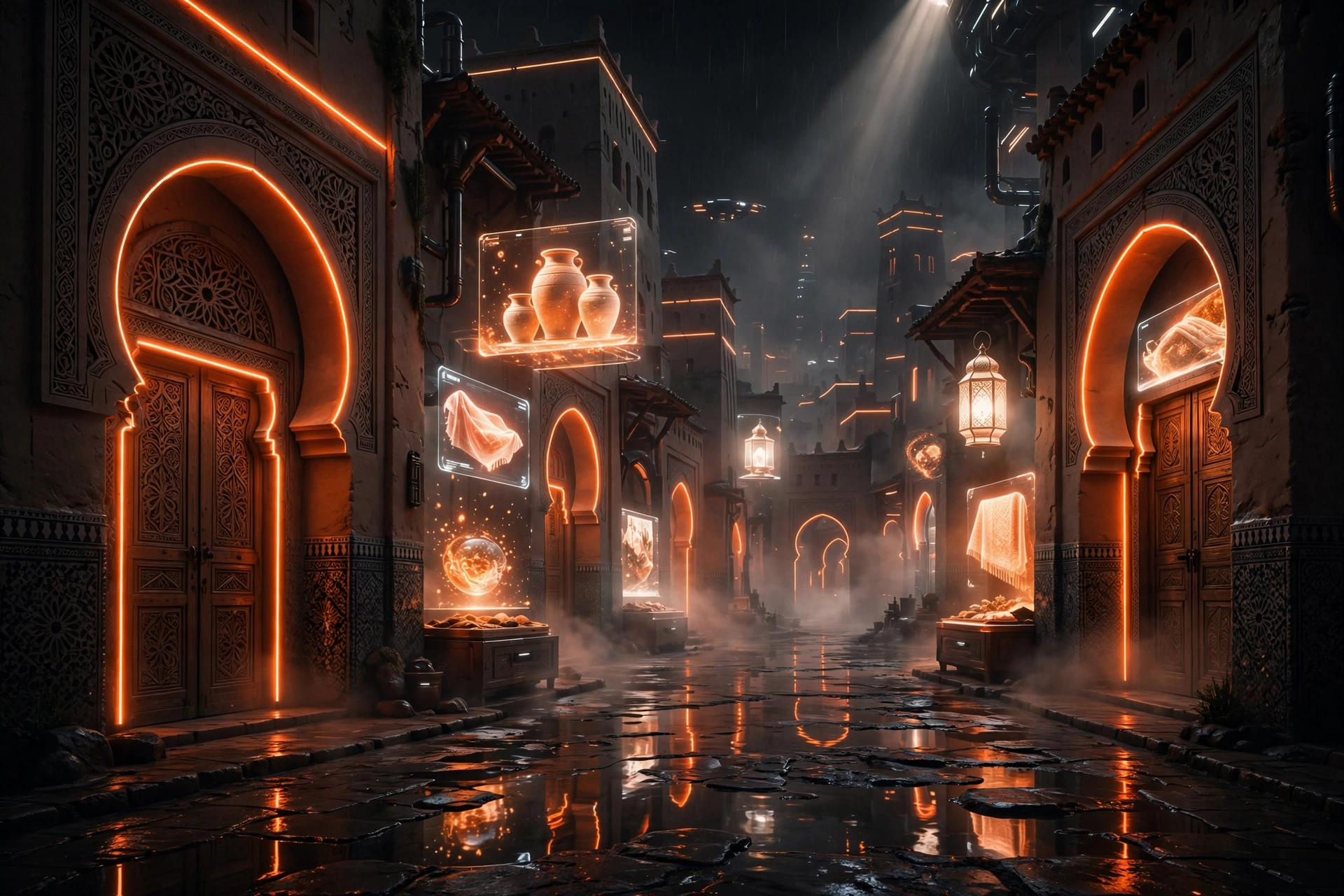 Souk marocain futuriste en 2050, arches de kasbah éclairées en néon orange